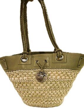 TOMMY BAHAMA STRAW BUCKET SHOULDER BAG  W LINED INNER POUCH LEATHER TRIM